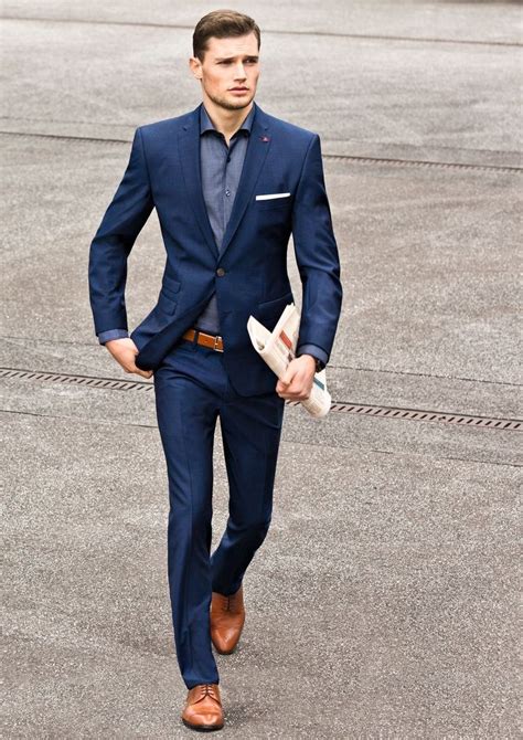 navy suit light brown shoes